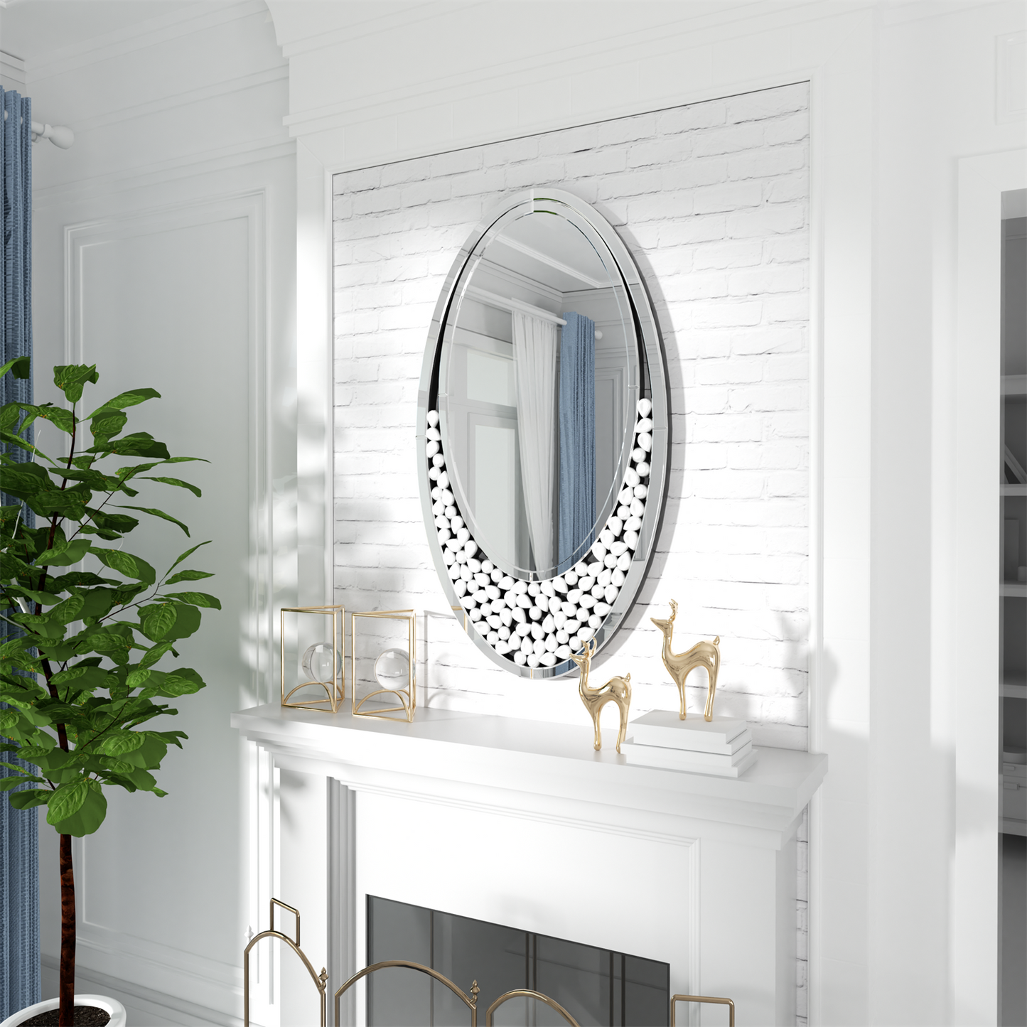 60x105CM Modern Oval Wall Mirror with Bling Effect Silver Venetian Accent Mirror