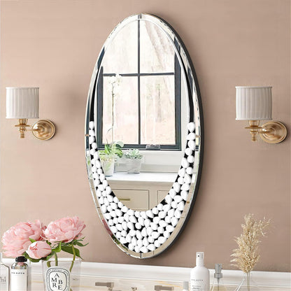 60x105CM Modern Oval Wall Mirror with Bling Effect Silver Venetian Accent Mirror