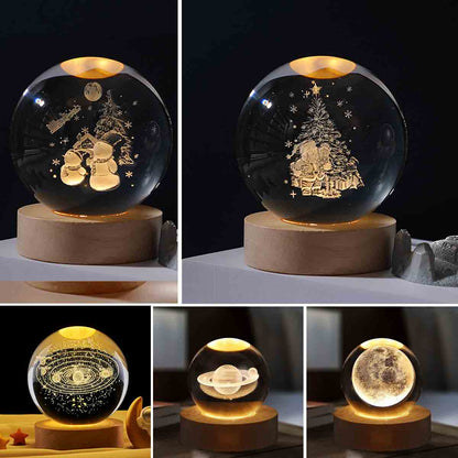 USB Christmas Decor Galaxy 3D Crystal Ball LED Night Lamp with Wooden Base for Bedroom