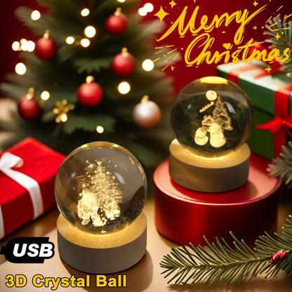 USB Christmas Decor Galaxy 3D Crystal Ball LED Night Lamp with Wooden Base for Bedroom