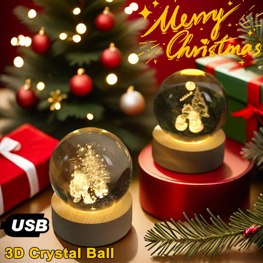 USB Christmas Decor Galaxy 3D Crystal Ball LED Night Lamp with Wooden Base for Bedroom