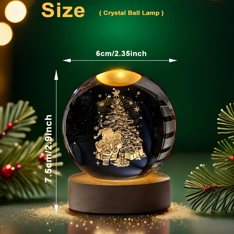 USB Christmas Decor Galaxy 3D Crystal Ball LED Night Lamp with Wooden Base for Bedroom