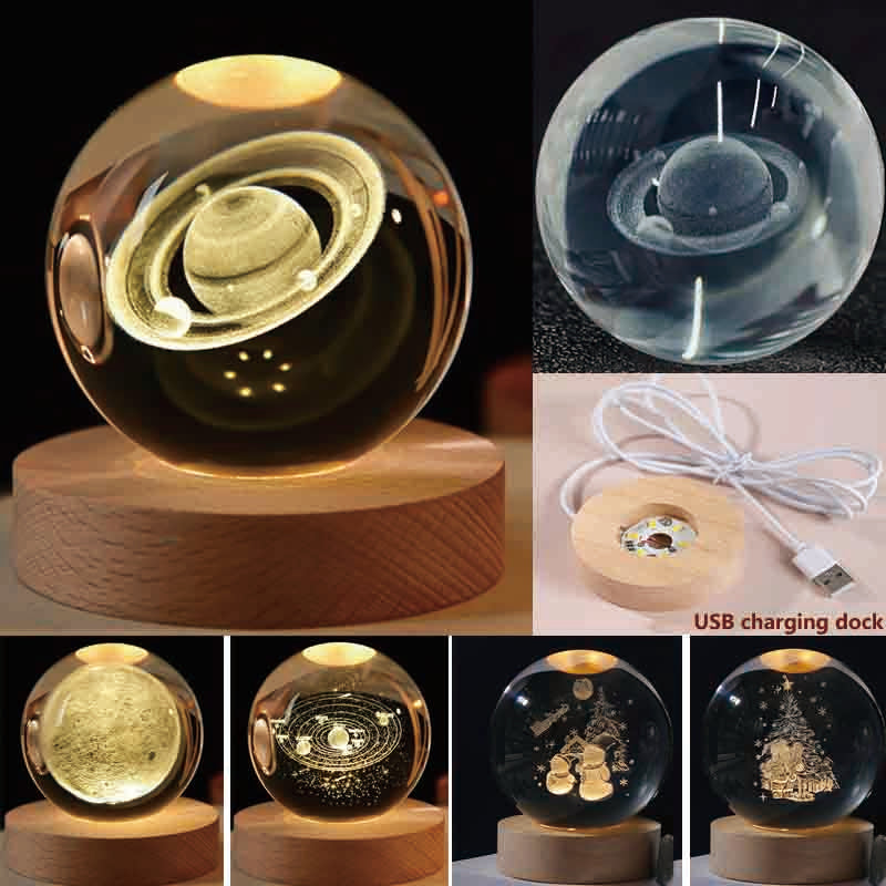 USB Christmas Decor Galaxy 3D Crystal Ball LED Night Lamp with Wooden Base for Bedroom